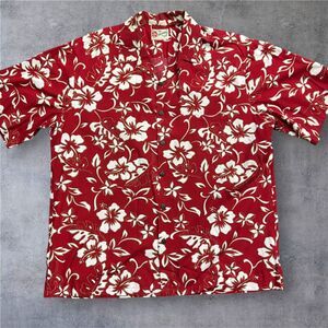 Hilo Hattie Vintage Hawaiian Floral Red White Button Down Cotton Shirt Men's XL